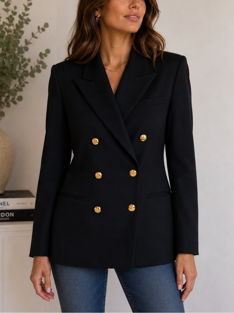 Vintage Austin Reed Black Wool Blazer Gold Button Double Breasted Jacket Size 8 - Picture 2 of 12
